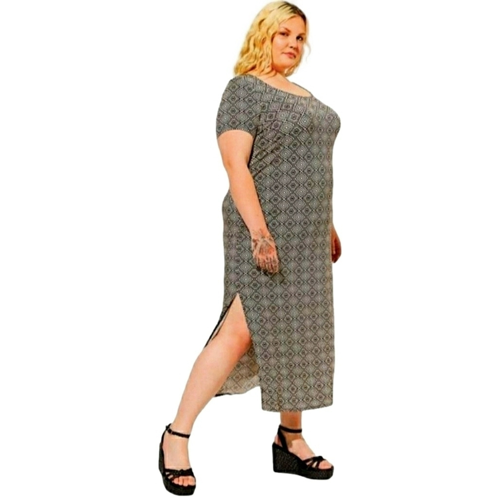 Torrid 3 Super Soft Slit Maxi Dress Ditsy 3X 22 24 Long Stretchy Black Tan